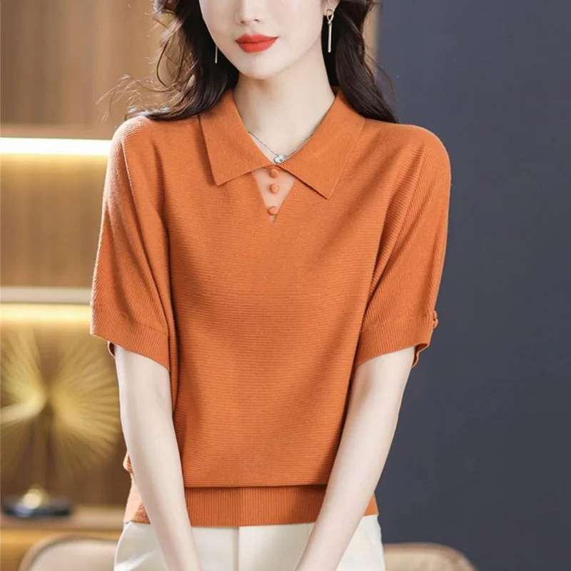 

Женский пуловер с вырезами TuangBiang, элегантный трикотажный топ с коротким рукавом и воротником-поло, тонкие свободные оранжевые топы, лето 2023