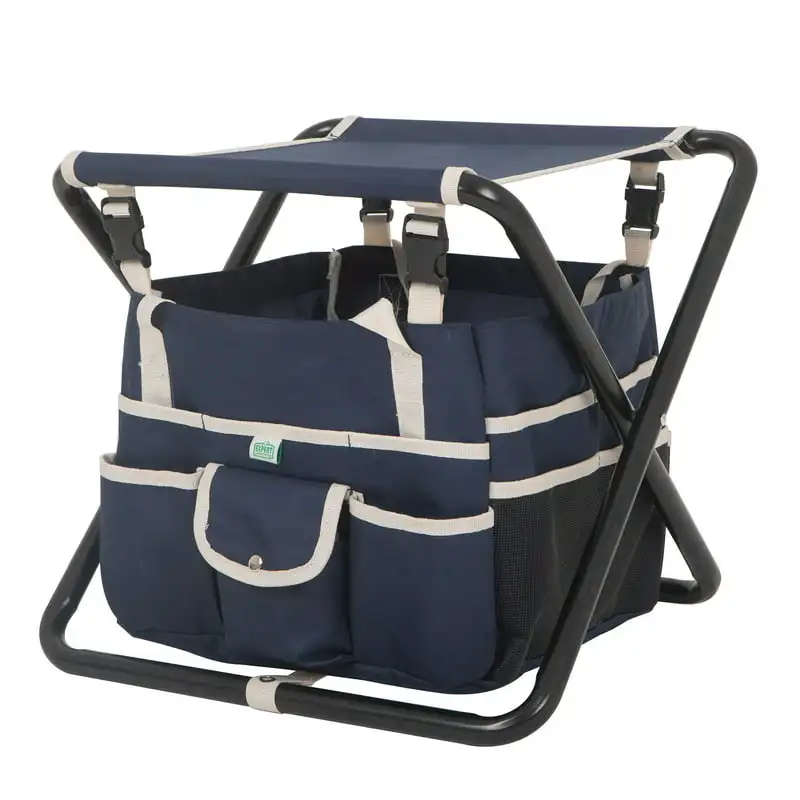 Folding Gardening Stool with Detachable Tote, Navy Blue