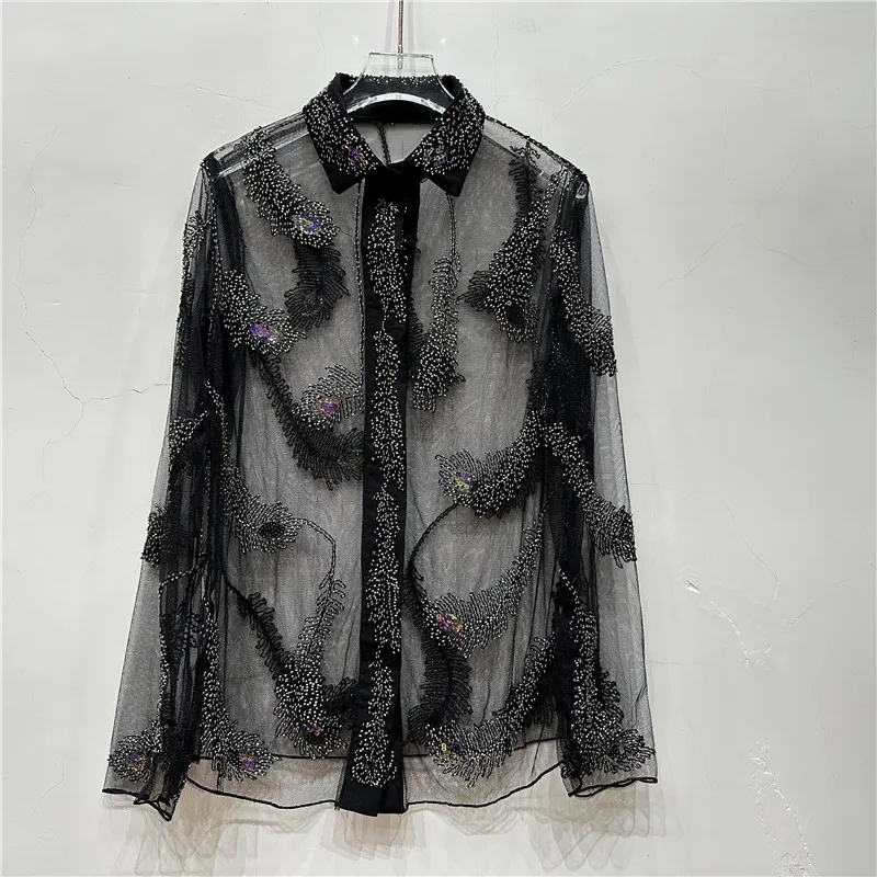 Шикарная блузка с блестками Женская блестящая бисером и длинным рукавом
