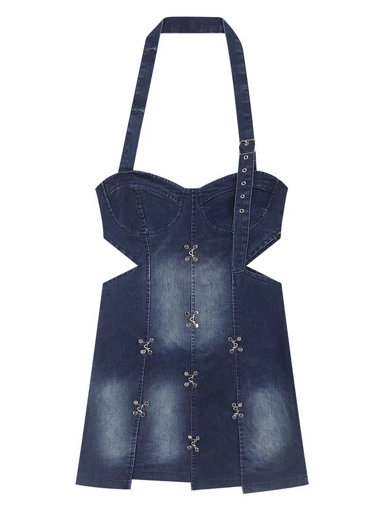 

Women 2023 New Fashion Summer Hanging Collar Denim Frocks Vintage Backless Casual Chic Female Sundress Sleeveless Button Design