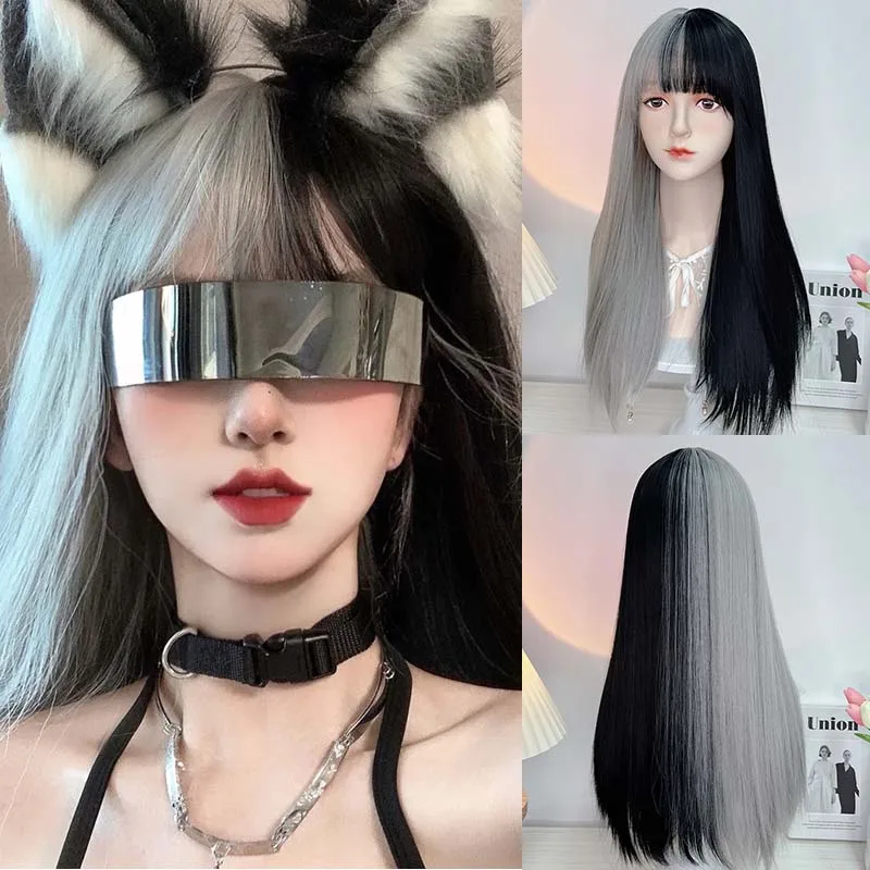 

Synthetic Wigs Straight Long Black and White Two Tone Wigs with Bangs Ombre for Women Daily Cosplay Halloween Lolita Party