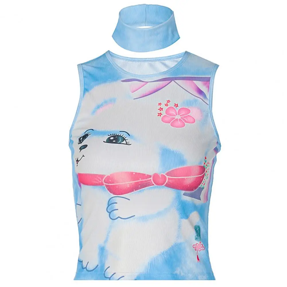 

Comfortable Cartoon Printing Turtleneck Women Sleeveless Basic Crop Top for Wife