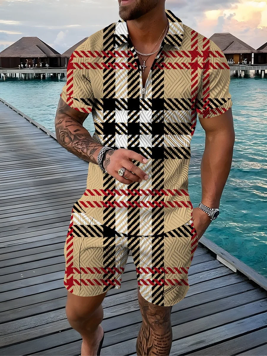 Summer Men Polo Shirt Tracksuit Set Hawaii 2 Pieces Casual Business Suit Fashion Trun Down Collar Zipper Clothing Vintage Outfit