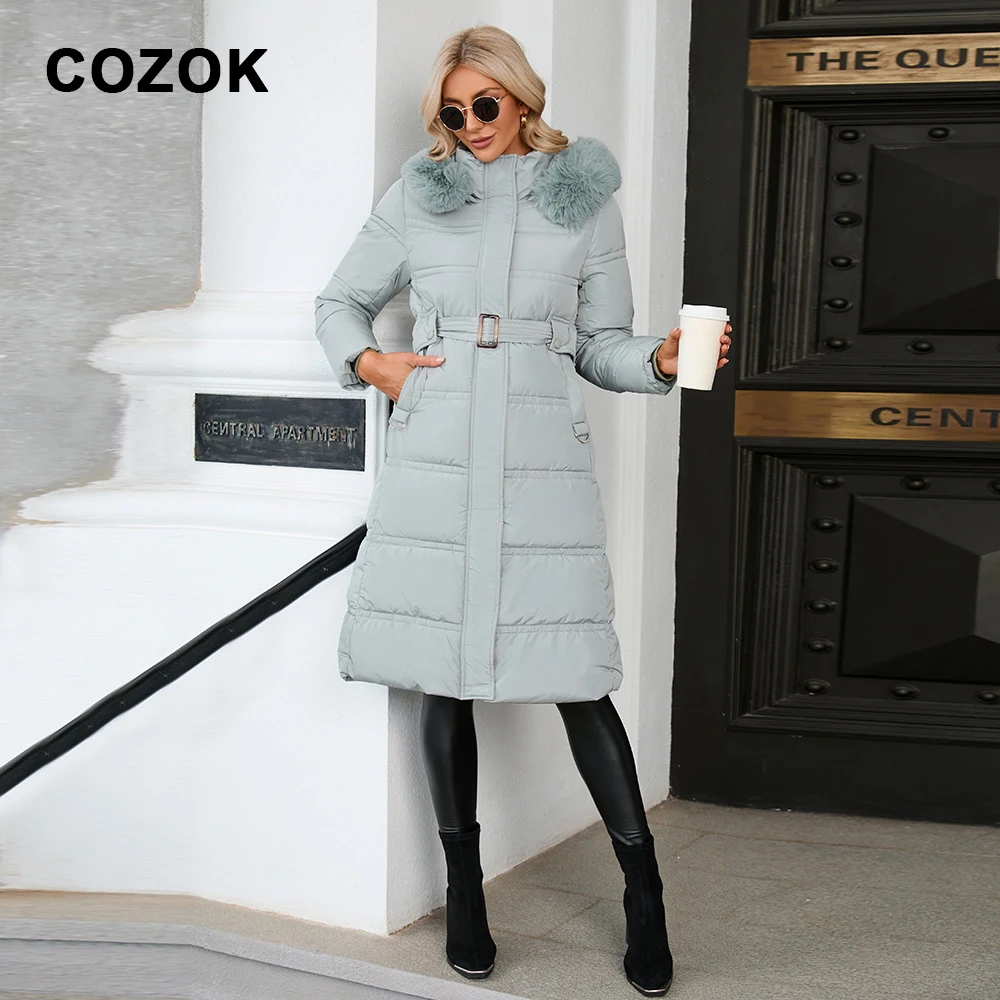 

Женское пальто COZOK с меховым воротником контрастных цветов, пуховое пальто средней длины с хлопковой подкладкой
