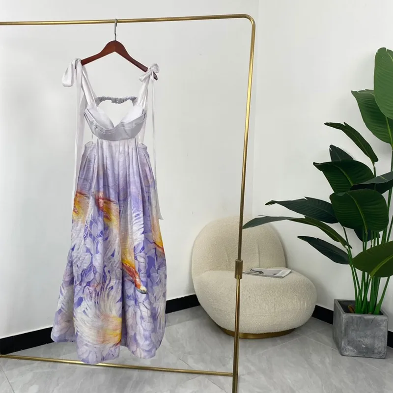 

Vintage Light Blue Animals Print Sleeveless Silk Linen Backless Dresses 2022 Summer New High Quality Self Bow Tie Women Clothe