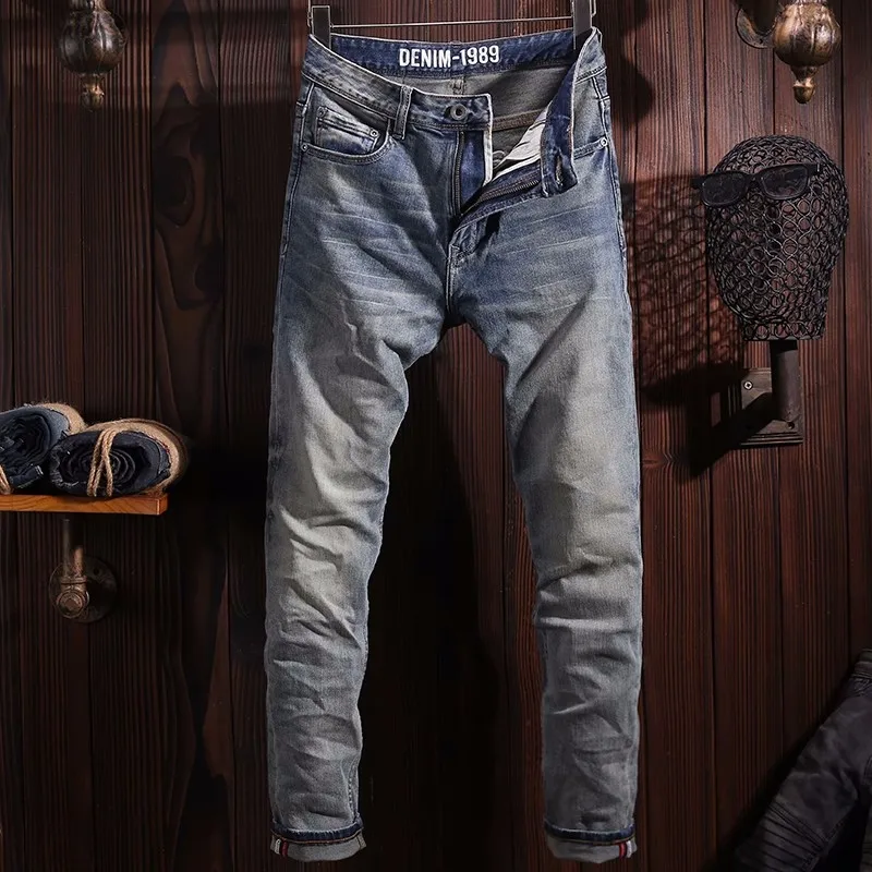 Fashion Designer Men Jeans High Quality Retro Blue Elastic Slim Fit Ripped Jeans Men Stretch Trousers Vintage Denim Pants Hombre