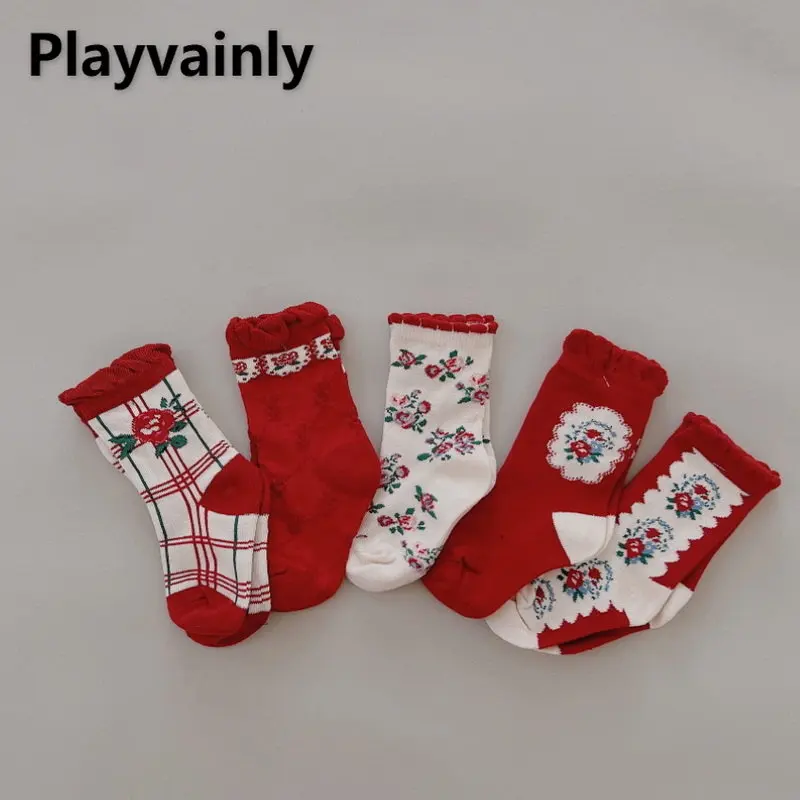 

Рождественские женские носки, красные цветки, средние чулки, детские носки из чесаного хлопка, поглощающие пот, мягкие носки E359