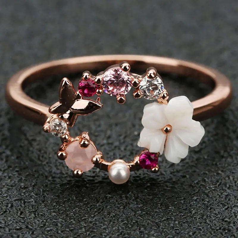 

Fashion Butterfly Flowers Wedding Rings for Women Gold Zircon Jewelry Girl Gift