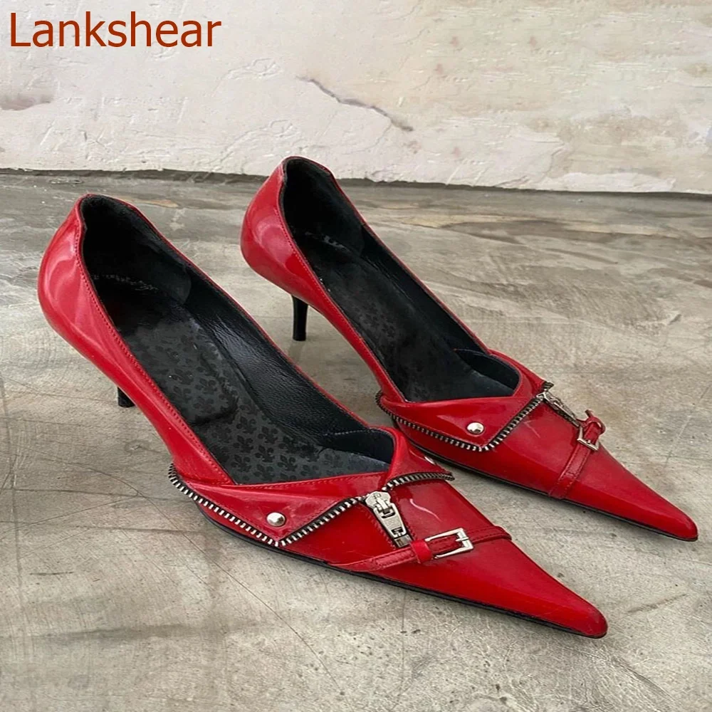 Женские туфли на молнии с острым носком однотонные тонком каблуке без застежки