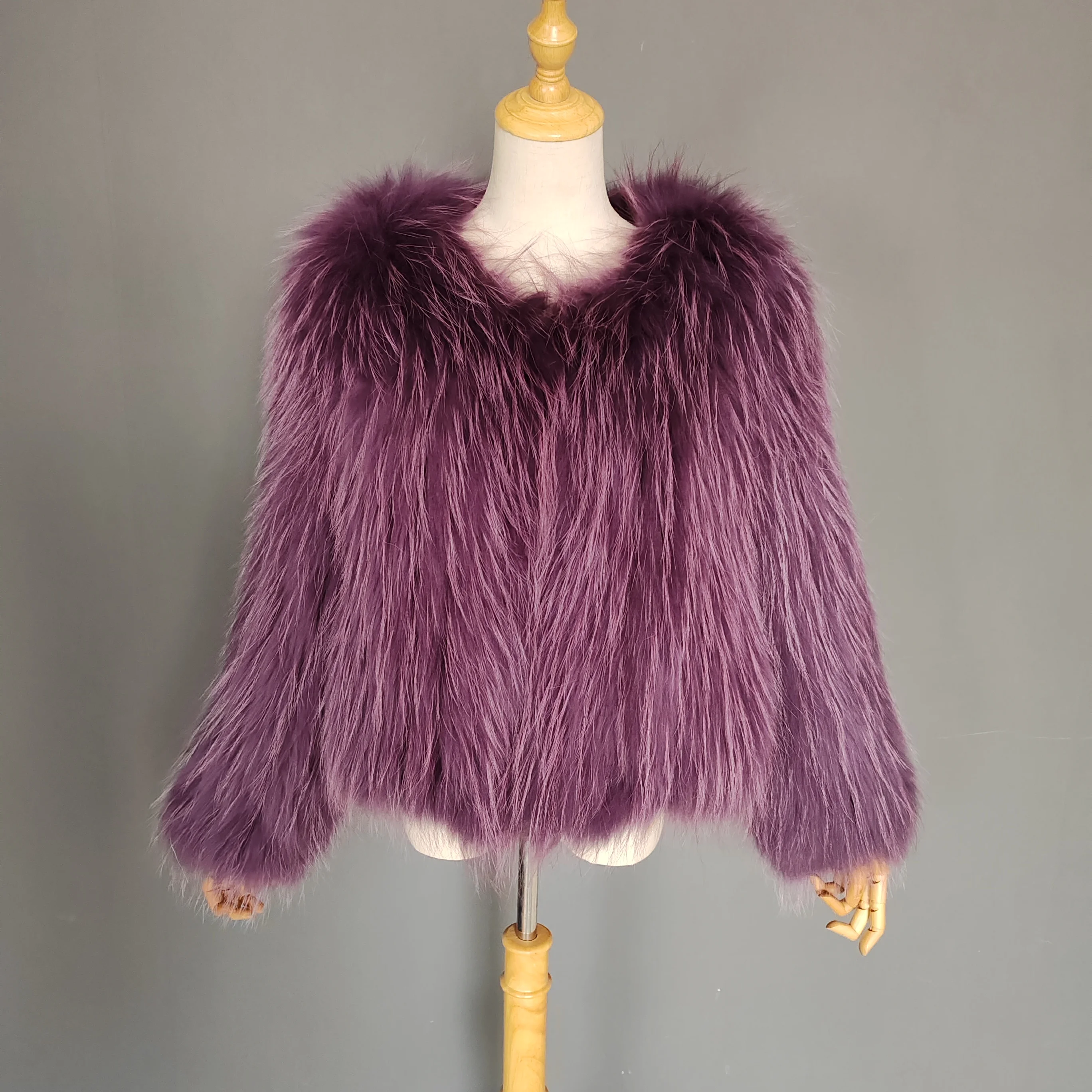 2023 Winter Natural Raccoon Style Real Raccoon Fur Woven Fur Coat Female Paragraph Fox Fur Long Sleeve Round Neck Winter New