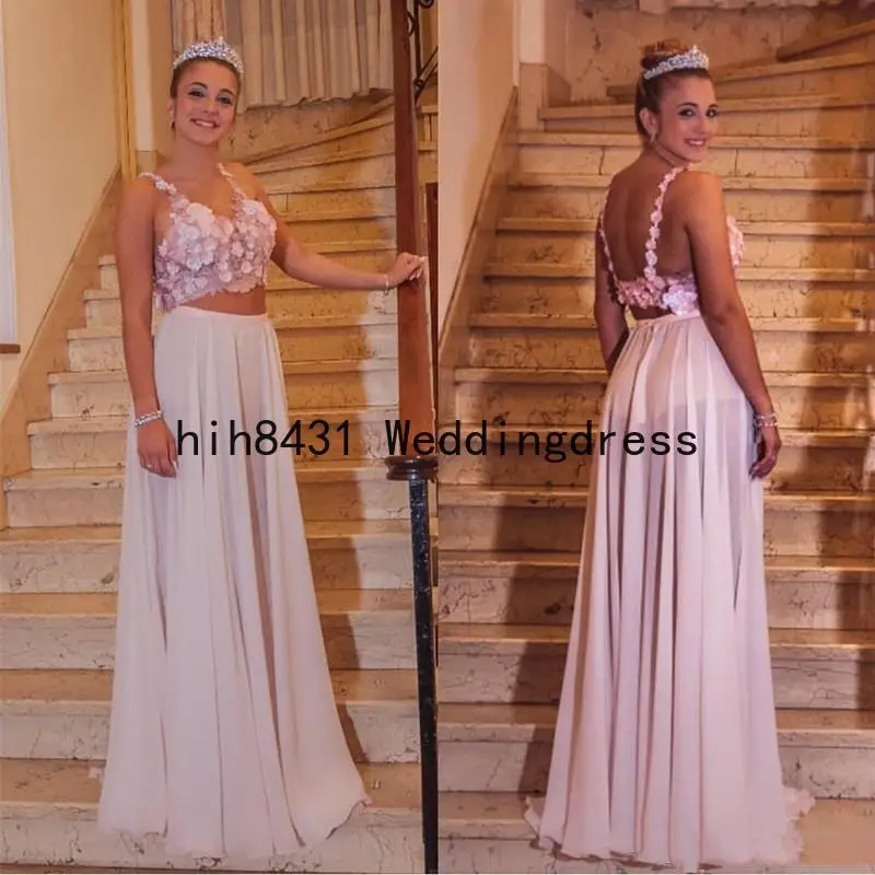 

Two Piece Dresses A Line Chiffon Women Evening Party Gowns Hand Made Flowers Long Prom Dresses