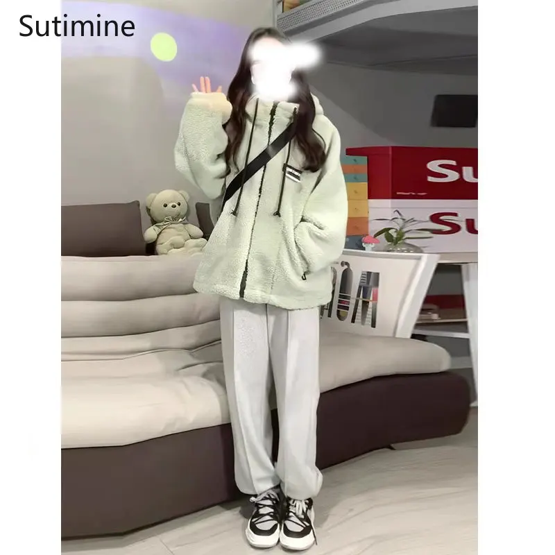 Winter Coat Women Office Lady Hooded Thickened Plush Coat Women's Korean Loose Cotton Padded Jacket Spliced Pockets Winter Coat