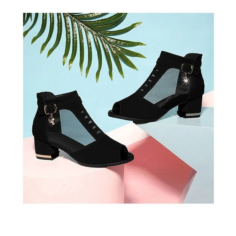 

2022 New Open Toe Sandals Boots, Women's PU Leather Summer Mesh Shoes, Low Heel, Back Zipper, Women's Shoes, Black, Outlet