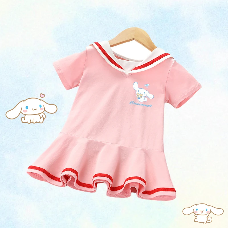 

2023 Kawaii Sanrio Y2K Cinnamoroll Kids Cotton Dress Cartoon Short Sleeve Pleated Skirt Cute Summer Princess Dress Anime Girl