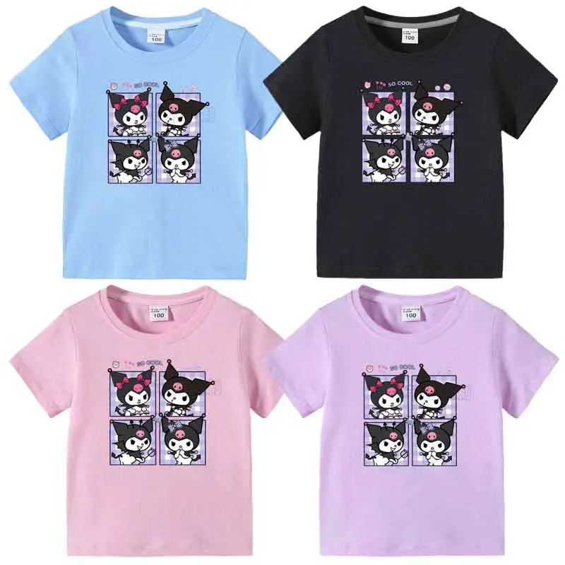 

Детская летняя футболка Sanrioed Kuromi, милый топ с коротким рукавом и аниме принтом для девочек