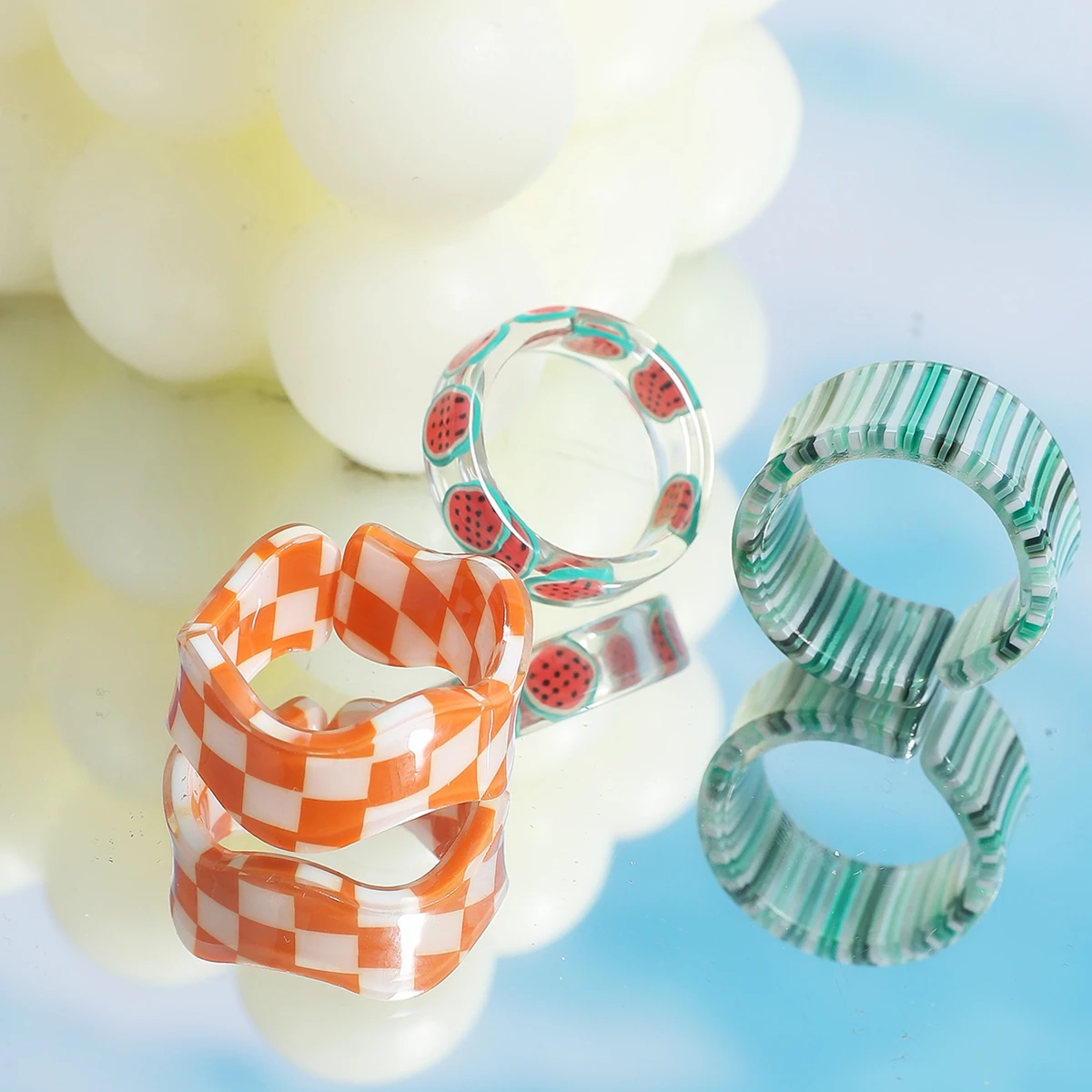 Fashion Ins Style 2022 New Acrylic Checkerboard Rings Suit For Women ResinAcetate Open Rings Girl Birthday Party Jewelry Gift
