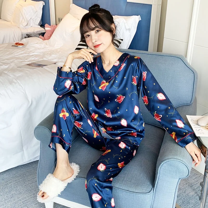 Ice Silk Pajamas Ladies Spring and Autumn Long-sleeved Thin Sweet Silk Home Clothes Two-piece Suit Silk Pajamas for Women