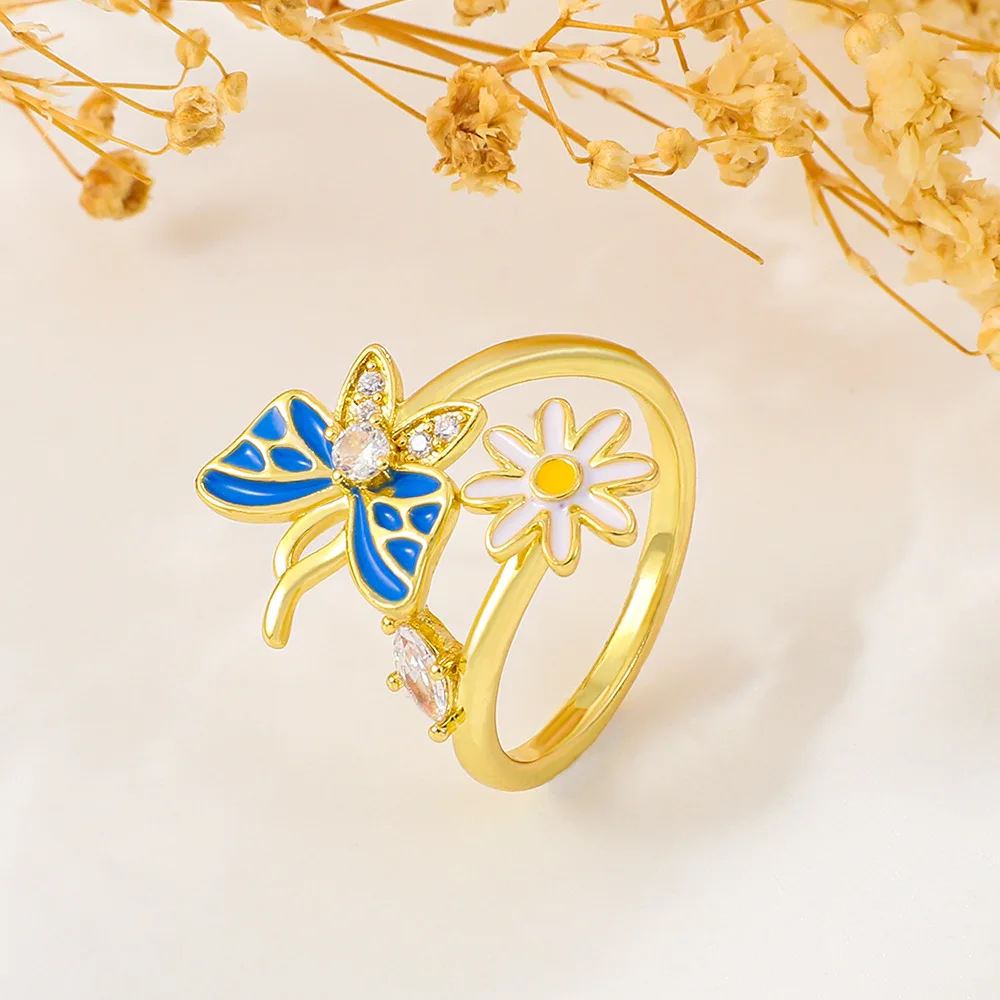 

Cute Butterfly Flower Rings for Women Rhinestone Adjustable Engagment Ring Fashion Boho Gift for Girlfriends Luxury Jewelry