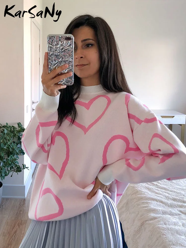 

KarSaNy Loose Heart Contrast Color Sweater Oversize Women Autumn Winter Knitted Pullovers Oversized Sweaters For Women 2023