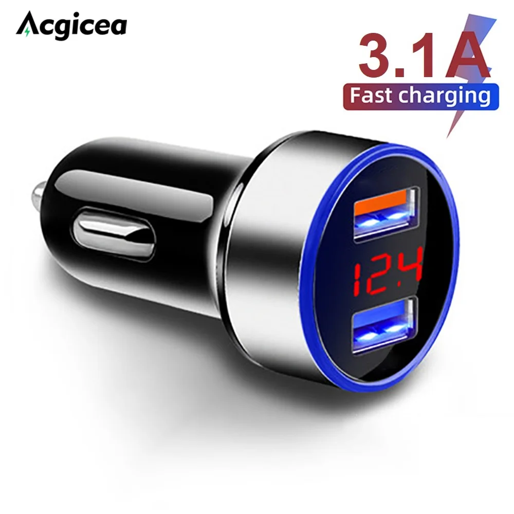 

USB Car Charger 3.1A Dual USB Digital Display Voltmeter For iPhone XR 11 12 Fast Charging Adapter 2 Ports Mobile Phone Charger