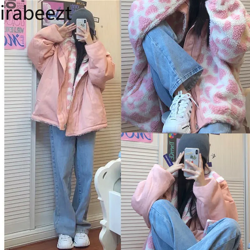 

Irabeezt Parkas Double Sided Winter Clothes Women Stander Collar Jackets Long Sleeve Cashmere Parka Pink Cotton Padded Jacket