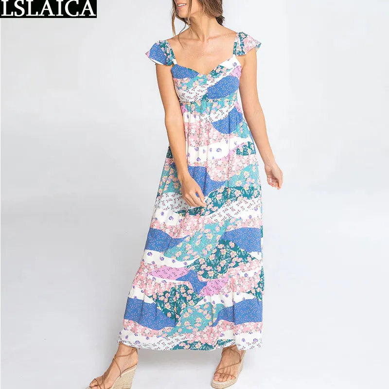 

Vintage Dresses for Women Fashion Print Short Sleeve High Waist Maxi Dress S-3XL Summer Holiday Boho Sundress Elegant Robe 2022