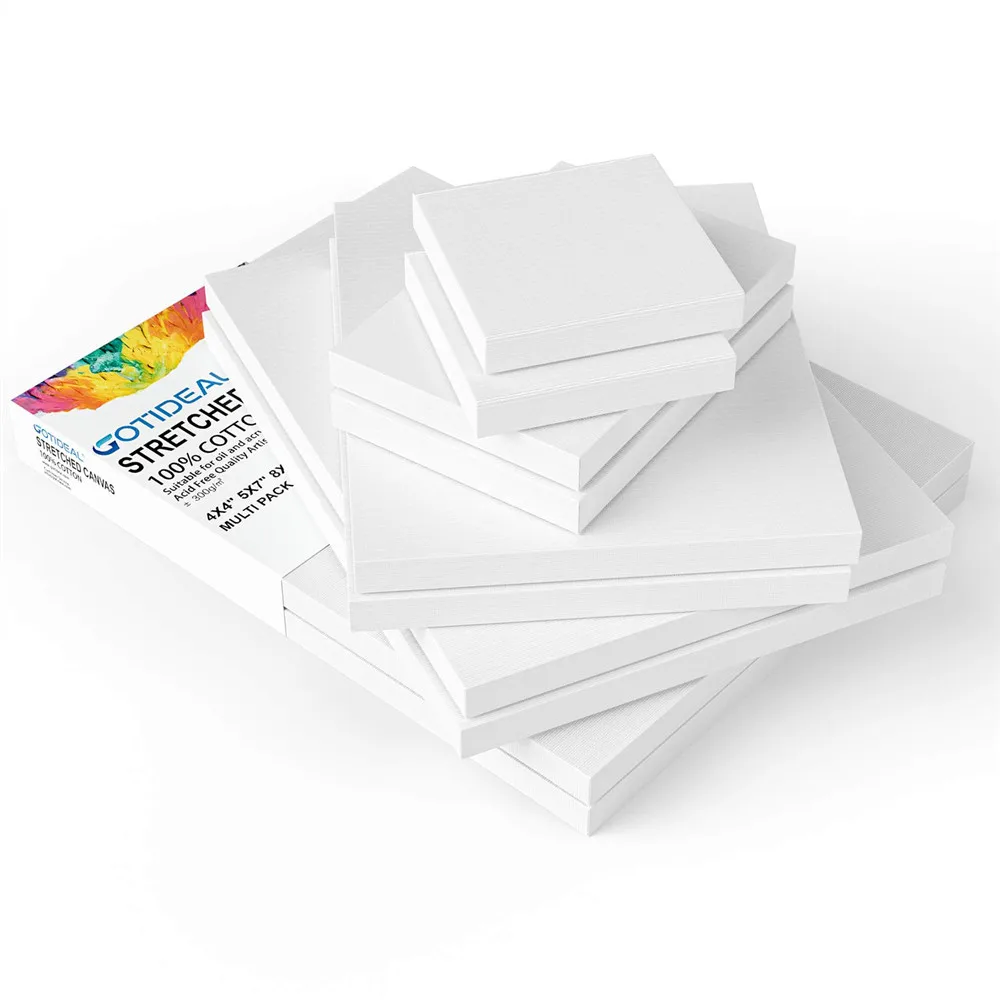 

Pack of 4 Stretched White Blank Square Artist Canvas Wooden Board Frame 100% Cotton Canva Boards for Oil Painting Art Supplies