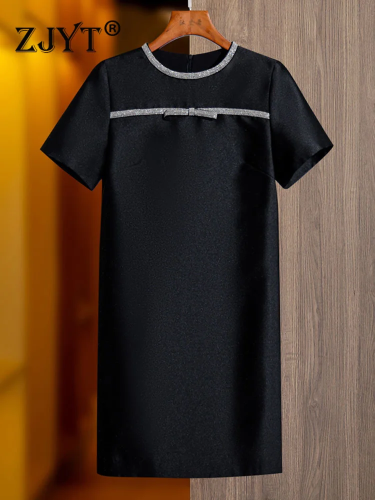 

ZJYT Luxury Diamonds Black Dress Summer Women Elegant Loose Waist Simple Dresses White Vestido Feminino Casual Short Robe Femmes