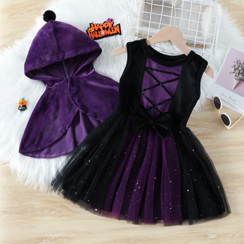 

Purple Halloween Costumes 2022 Winter New Infant Girls Silver Fox Fleece Hooded Cape Vest Mesh Dress Performance Suit 1-6Years