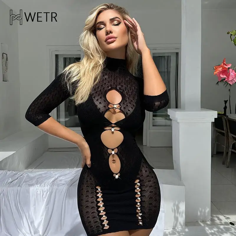 

Sexy Lingerie Women Hollow Bodysuit Fishnet Hole Pantyhose Rhinestone Open Crotch Temptation