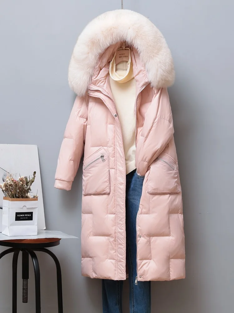 New Women Fox Fur Collar Long Down Jacket Casual Style Autumn Winter Coats And Parkas Female Outwear