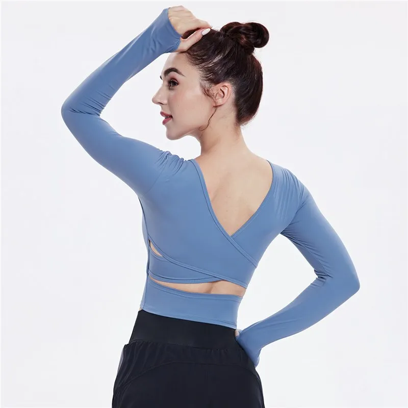 High Quality Women Sexy Backless Slim Sports Tee Crop Top Yoga Shirts Gym Fitness Long Sleeve Workout Female Workout T-Shirts