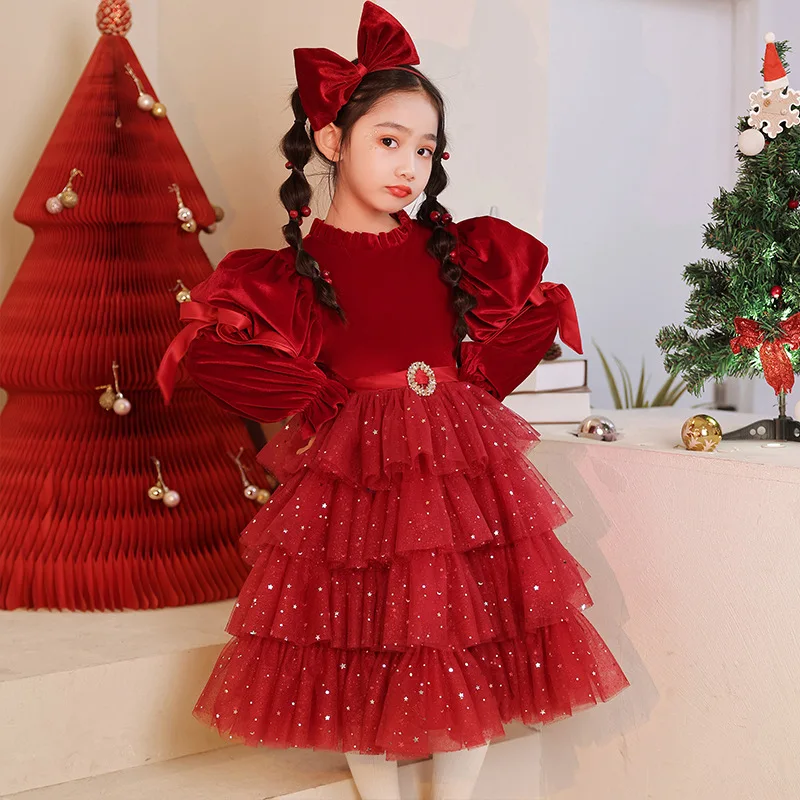 Criscky Spring Girls Princess Party Dresses for 2-7 Yrs Long Sleeve Winter Christmas Children Casual Clothing Birthday Gown