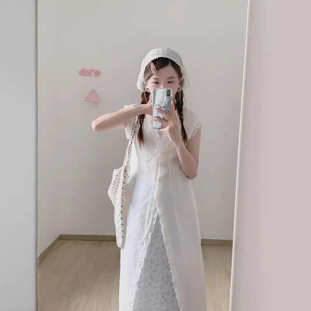 Летнее корейское нежное стильное платье-жилет с деревянным краем уха и бантом