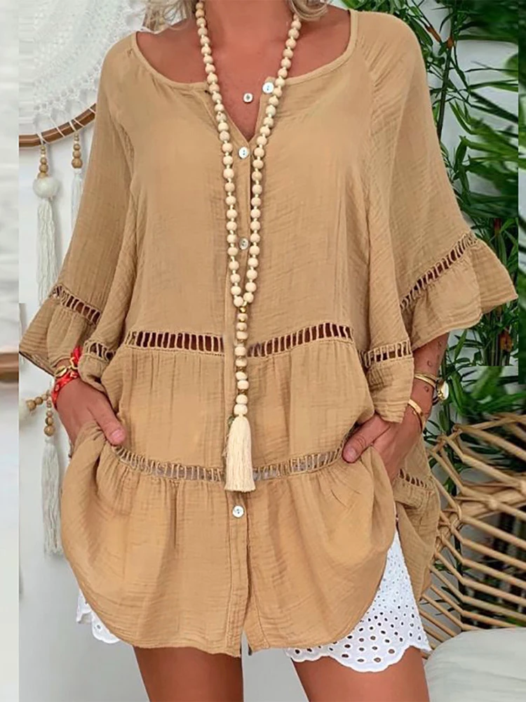 

Женская однотонная Длинная блузка на пуговицах с V-образным вырезом, Модная элегантная свободная Простая рубашка с вырезами, Женская Повсед...