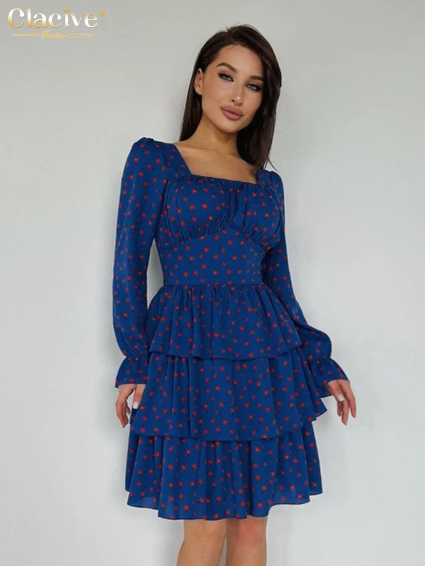 

Clacive Fashion Slim Print Women'S Dress Bodycon Square Collar Long Sleeve Mini Dresses Elegant High Waist Pleated Female Dress