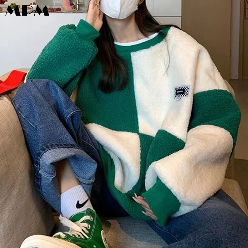 

Trendy simple women's lamb velvet sweatshirt Loose Casual Long Sleeve O-Neck Fleece Pullover All-match stitching women top 2022