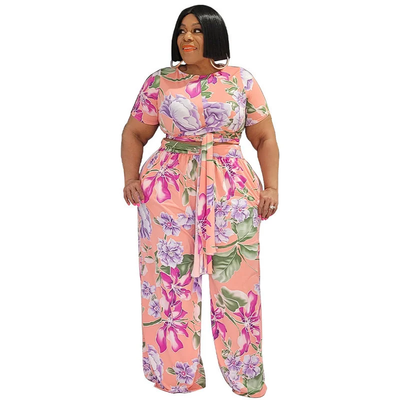 Plus Size 2 Piece Set Women Sets Fashion Short Sleeves Wide Leg Bandage Top Office Ladies Outfits Whol 3xl 4xl 5xl 6xl