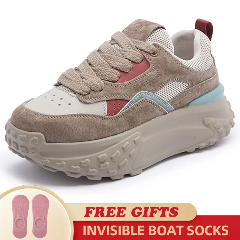 2023 New 6cm Genuine Leather Platform Mesh Breathable Sneakers Chunky Hidden Heel Mixed Color Women Spring Vulcanize Shoes