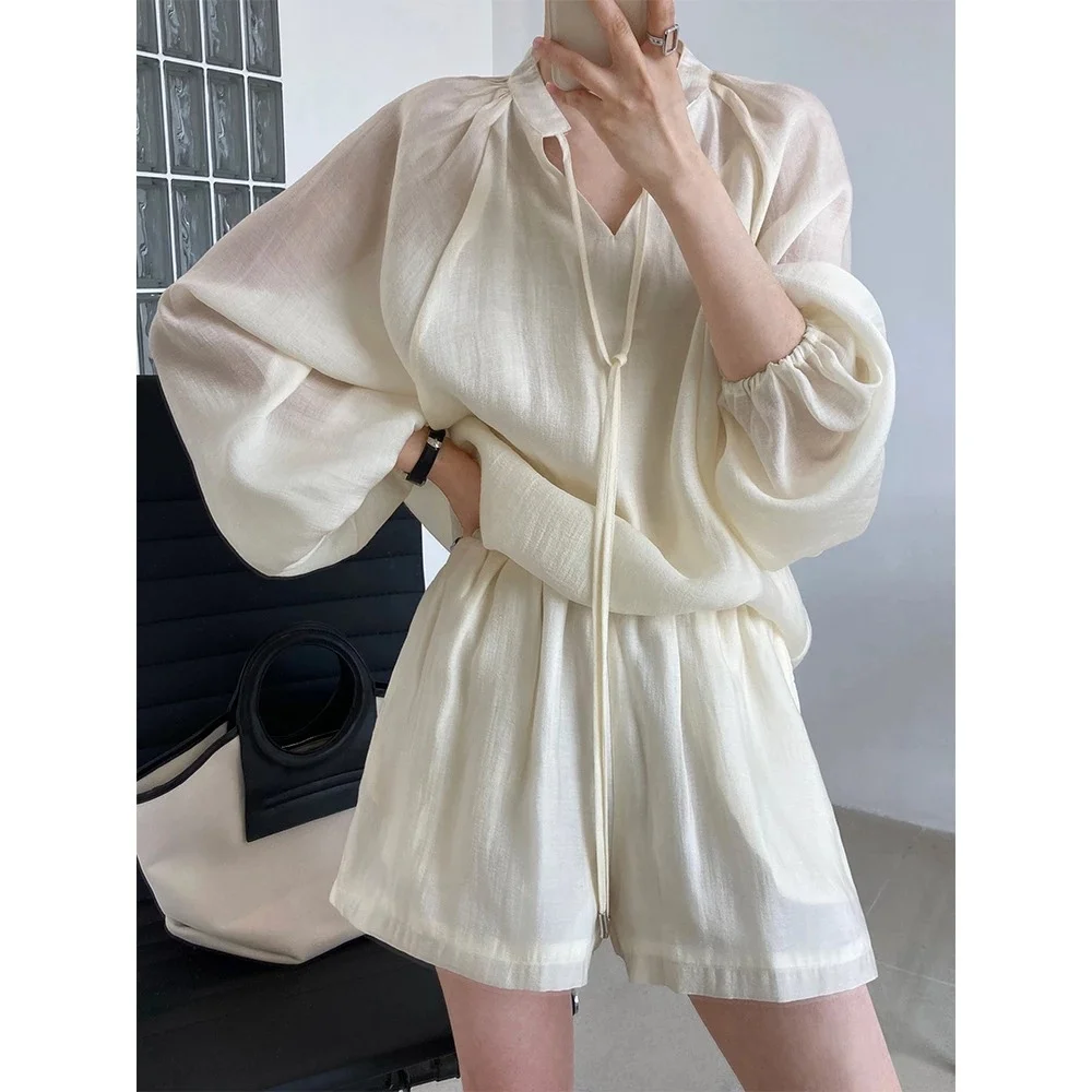 Summer Women Two Piece Set Loose Korean Pajamas for Female Lace Up Long Sleeve Sunscreen Shirts + Wide Leg Shorts Khaki White