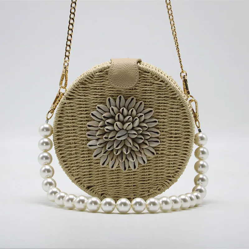 New Shell Pattern Pearl Round Straw Bags for Women Shoulder Bags Crossbody Bags Round Vintage Straw Handbag 2022 Rattan Purse