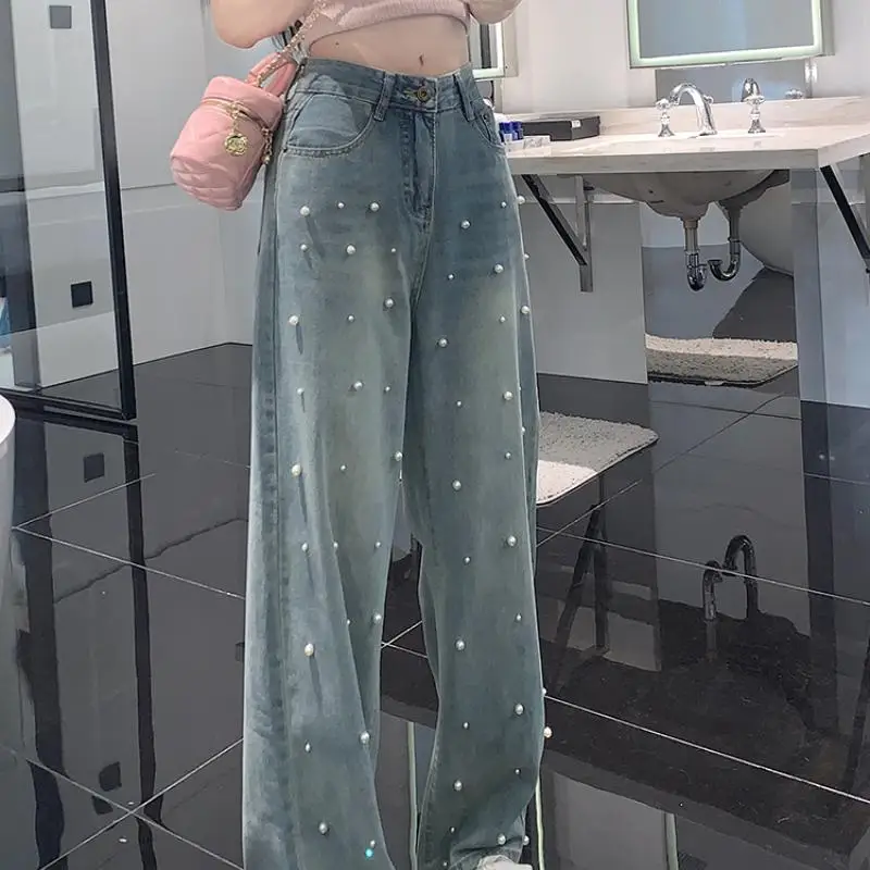

Fashion Full Pearl Beading Loose Lady Baggy Jeans Straight-Leg Pants Trousers Fashion All Season Korean New 2023