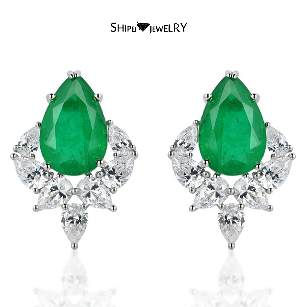 

Shipei Classic 925 Sterling Silver Pear 10*15 MM Emerald High Carbon Diamonds Gemstone Fine Jewelry Ear Stud Earrings for Women