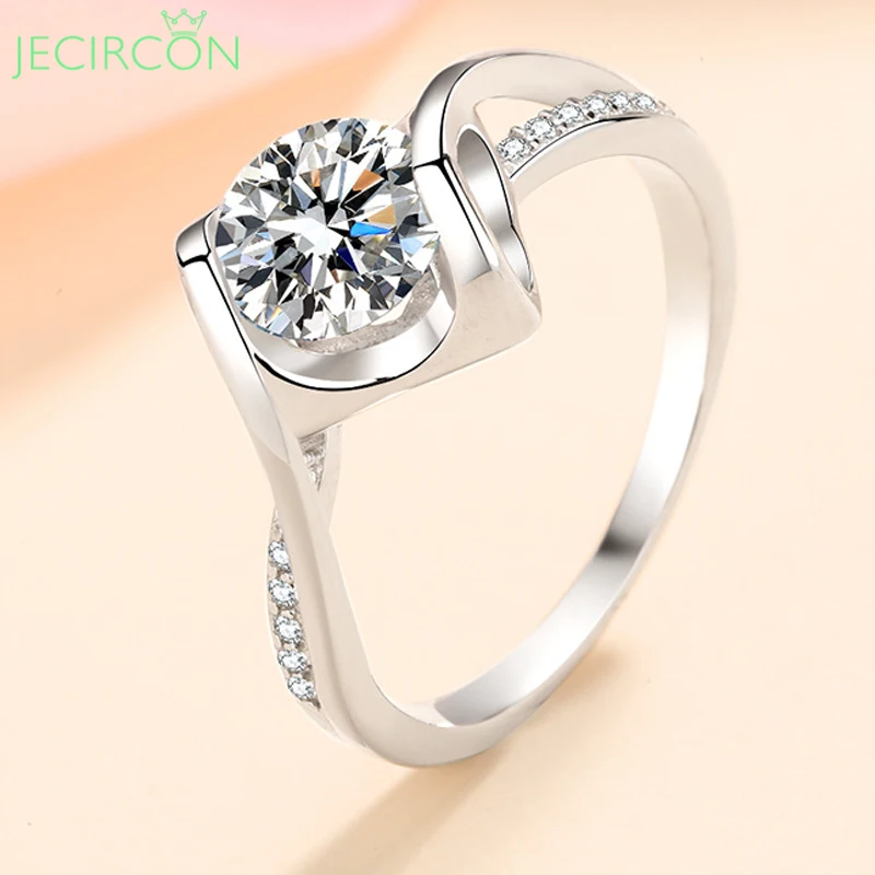 

JECIRCON New 925 Sterling Silver Ring for Women 0.5/1 Carat Moissanite Angel Kiss Micro-set Diamond Ring Luxury Wedding Jewelry