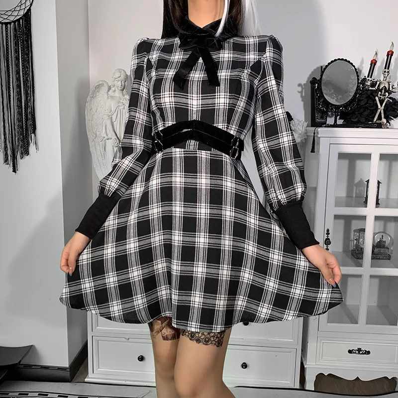 

Y2K Vintage Kawaii Plaid A-line Dress Dark Academia Bow Tie Lapel Long Sleeve Mini Dress E-girl Gothic Emo Alt Harajuku Grunge