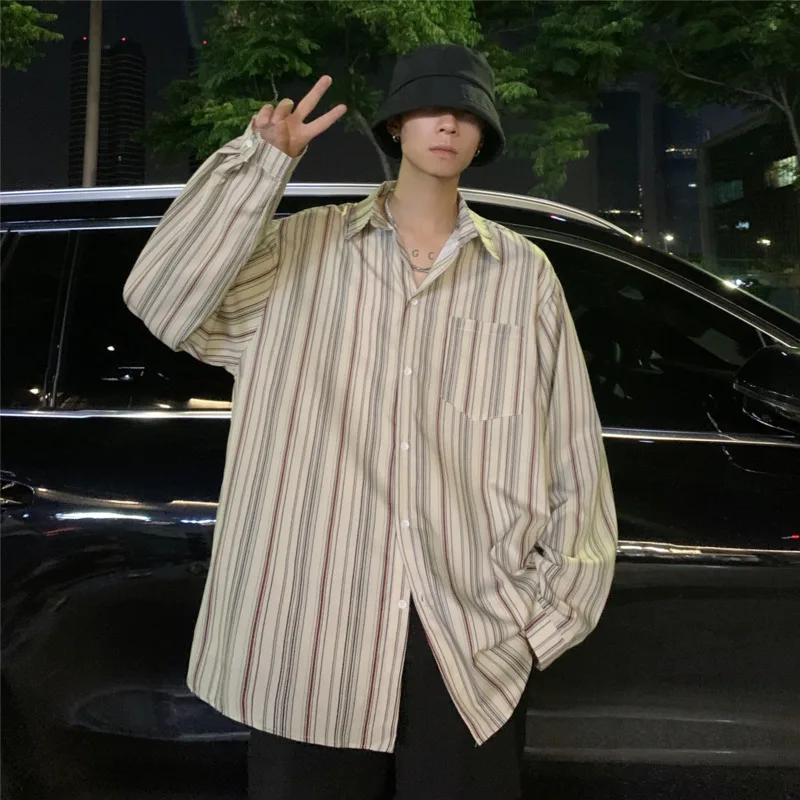 Autumn Long Sleeve Shirts Men Fashion Oversized Casual Shirts Men Korean Loose Striped Shirts Mens Ice Silk Shirts M-2XL