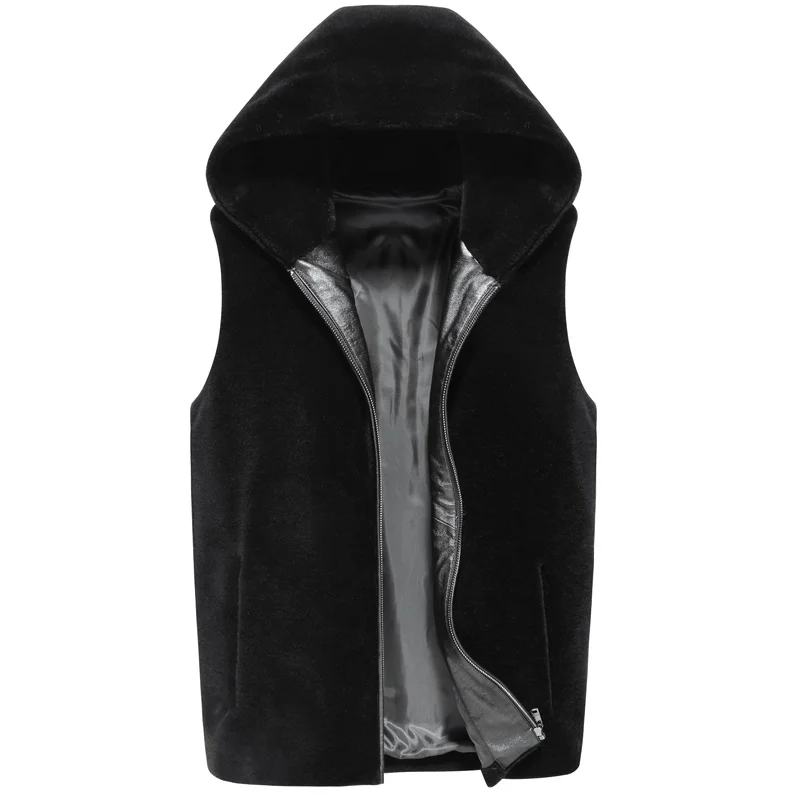 

Короткая мужская куртка из натуральной овечьей шерсти, черная зимняя куртка без рукавов с капюшоном