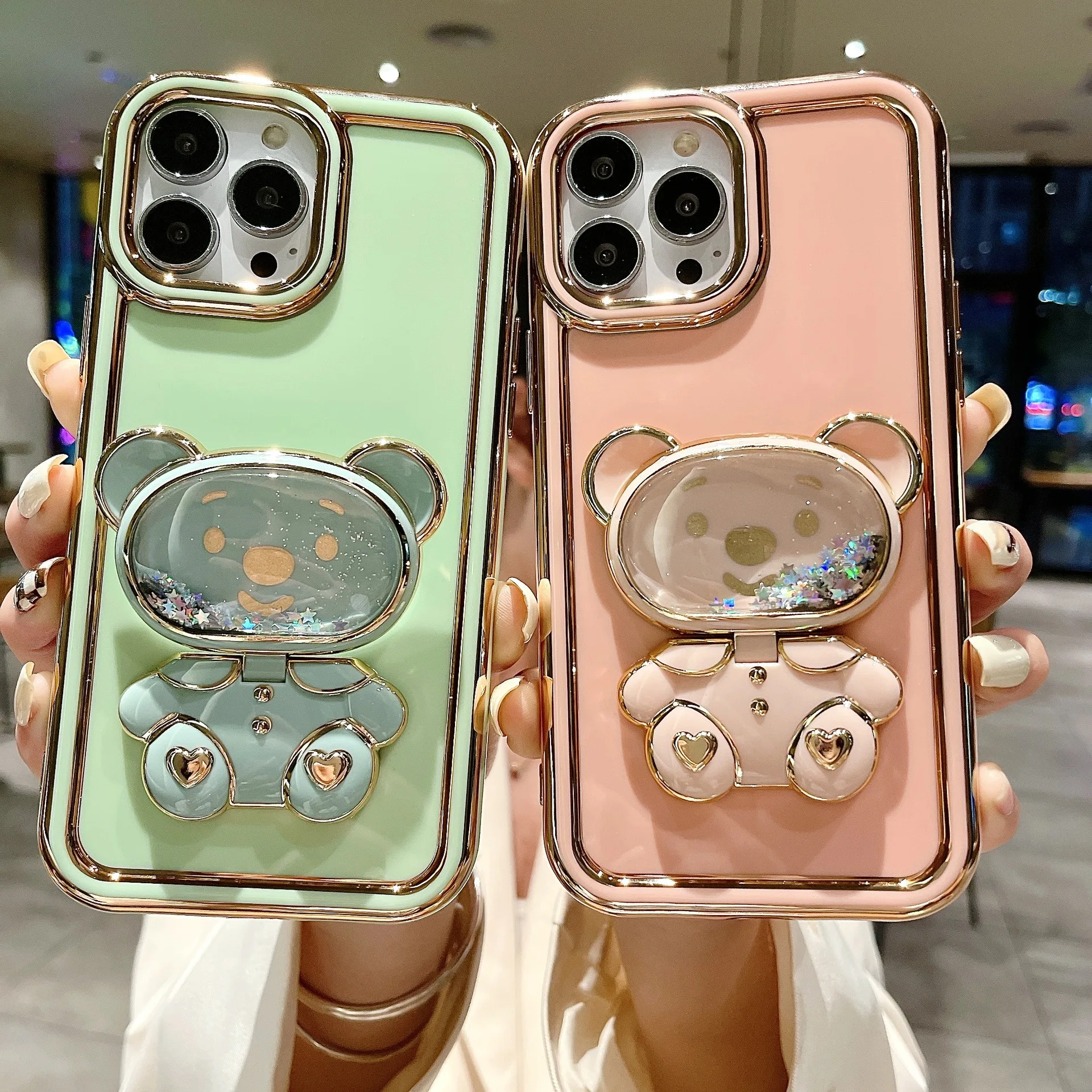 

Advanced Star Little Bear Mirror Electroplate Quicksand For iPhone 13 Plus 12 11 14 Pro Max Dispensing Rotatable Back Cover