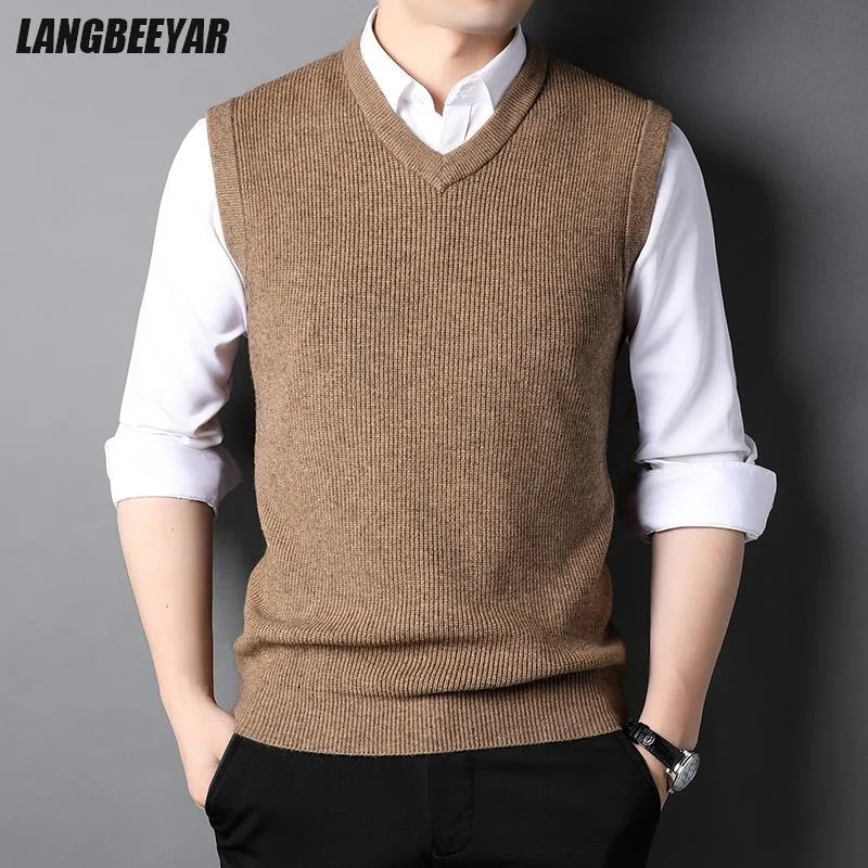 

Top Grade New Autum Winter Fashion Brand Designer Sweater Vest Knit Men Pullover V Neck Solid Sleeveless Casual Men's Clothing
