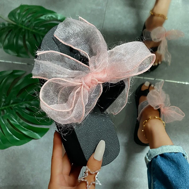 

2023 Summer Cute Bowtie Decorate Non-Slip Sandals Slipper Flats Mules Casual Fashion Female Beach Flip Flops Mesh Beach Slides